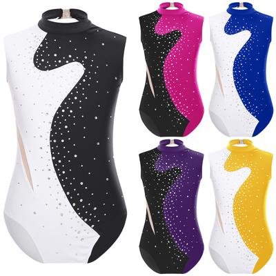 Mädchen Eiskunstlauf Trikot Farbblock Design Funkelnde Strasssteine Schlüsselloch Rücken Ärmelloser Body
