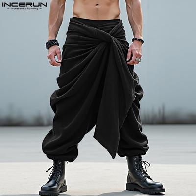 Men Ruffled Elastic Waist Texture Corduroy Casual Drop-crotch Pants Harem Trousers