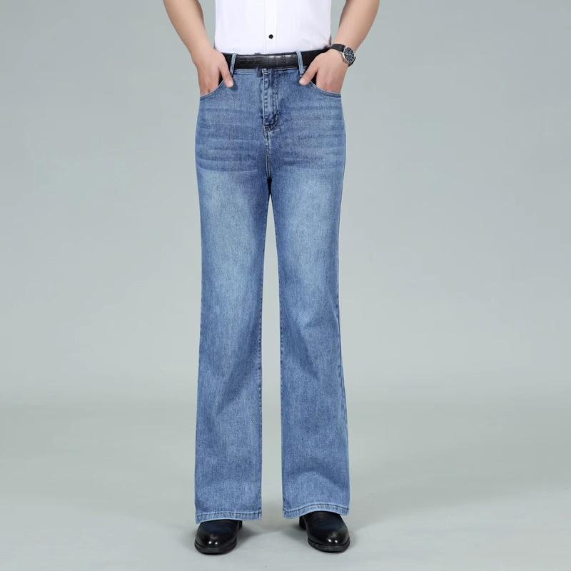 Jeans Uomo Uomo Blu Chiaro Vita Media Elasticizzati A Zampa Jeans A Zampa Designer Classico