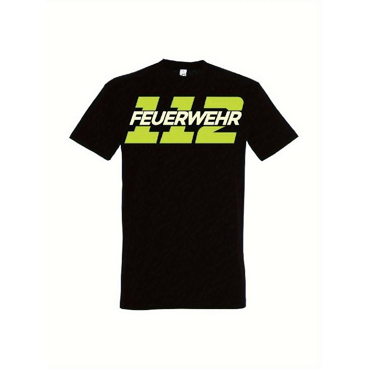 Men S Vintage Emergency Services T-Shirt | Black with Neon Green FEUERWEHR Fire Department Print, Regular Fit Short Sleeve Tee for Firefighter S