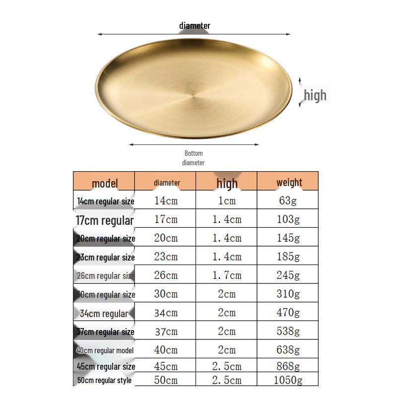 Gold Thickened 304 Stainless Steel Round Tray: Fruit, Cake, Bone Dish & Barbecue Plate – Korean Tableware.