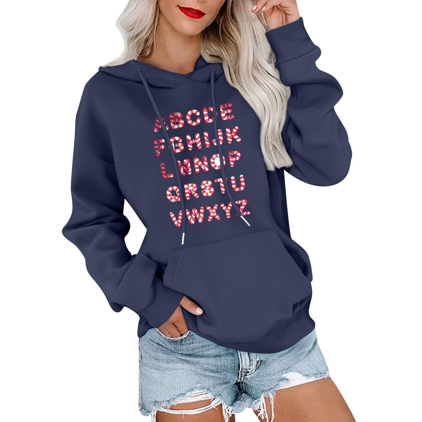 

Damemote, Avslappet Og Komfortabel Genser Med Rund Hals Og Hette, Langermet Juletrykk, Varm Genser XXXL Темно-синій