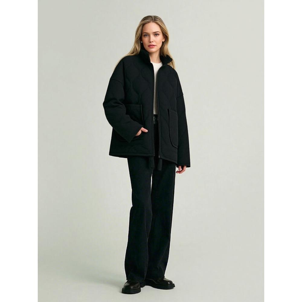 Chaqueta Acolchada Corta para Mujer con Cuello Alto, Manga Larga, Corte Holgado, Estilo Urbano, Cremallera Frontal, Ropa de Abrigo Informal