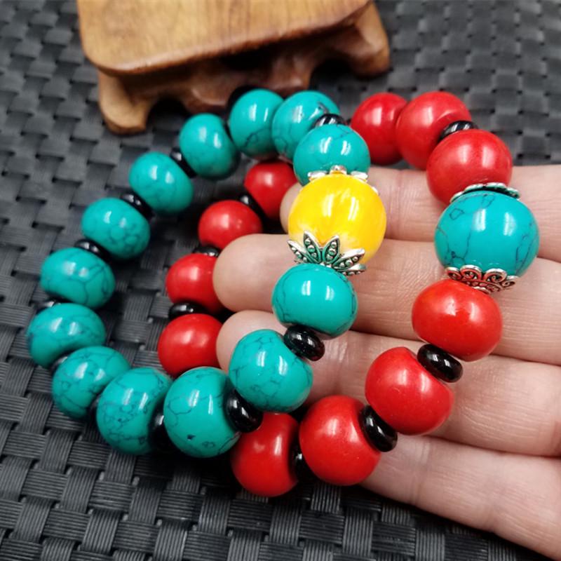 Imitation Jade & Turquoise Abacus Bead Bracelet with Red Accents Green Beads Approx. 10x14mm