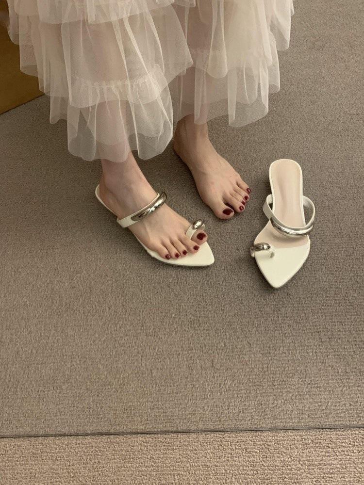 Leopard Print Toe Slippers Female Outer Wear Fairy Metal Buckle Fashion Slope Heel Pointed Toe Cover Cool Slippers