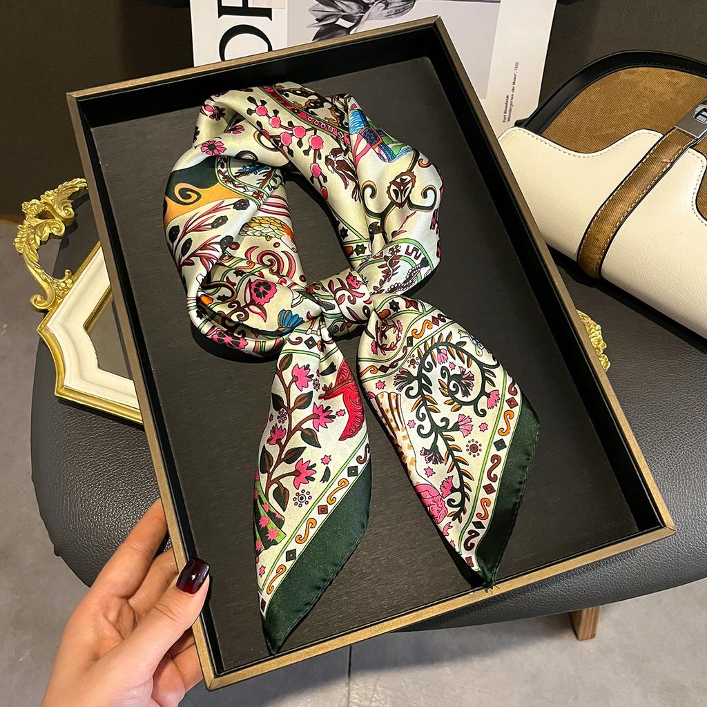  Luxury Floral Print Silk Square Scarf Women Soft Satin Kerchief Hairband Head Hijab Lady Headband Foulard Bag Ribbon
