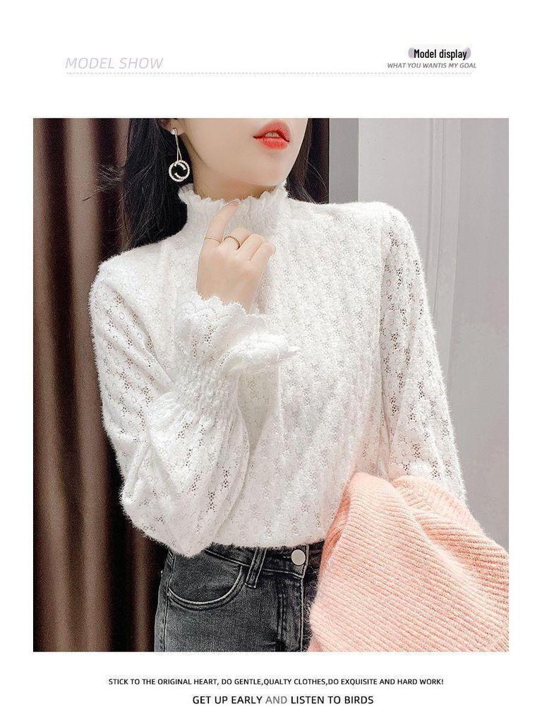 Women's Autumn/Winter 2120 Lace Fleece-Lined High Neck Base Layer Top - Fashionable, Thickened Innerwear