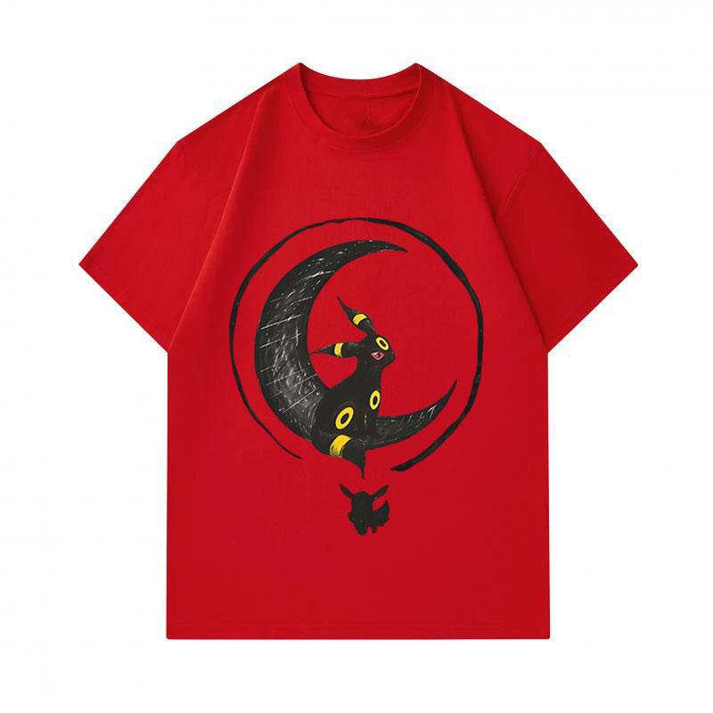Men's 100% Cotton Crew Neck Short Sleeve T-Shirt, Casual Black Cartoon Umbreon Crescent Moon Print Tees, Comfortable Breathable Summer Daily Tops for