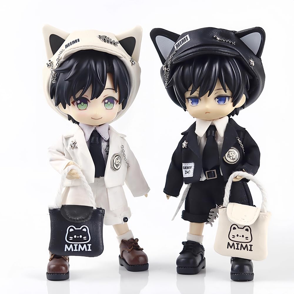 Obitsu 11 (OB11) Size Outfit for Obitsu Dolls (11cm Body): Mimi Gentleman Suit Jacket, Shorts, and Cat-Eared Casquette Hat Set (Black, 9 Pieces)
