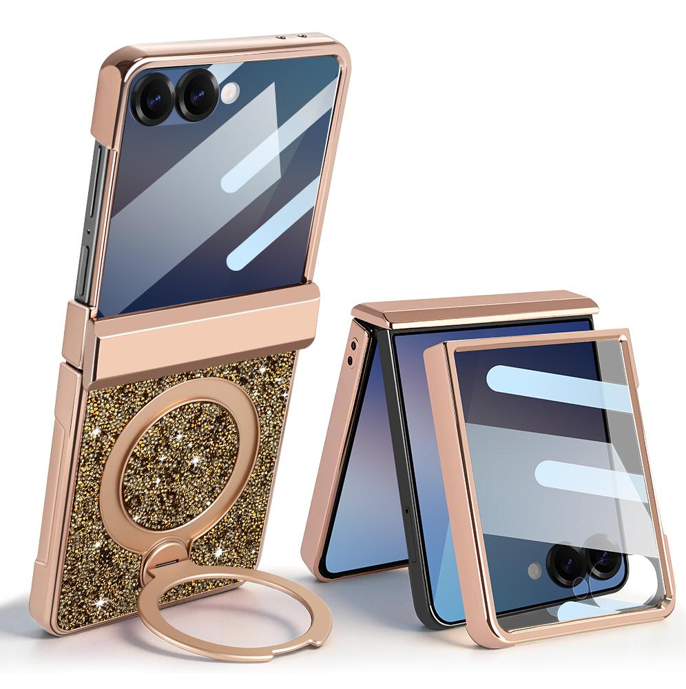 360 Magnetic Stand Hinge Protection Case for Samsung Galaxy Z Flip 8 7 Plating Glitter PU Leather Anti-peeping Glass Film Cover