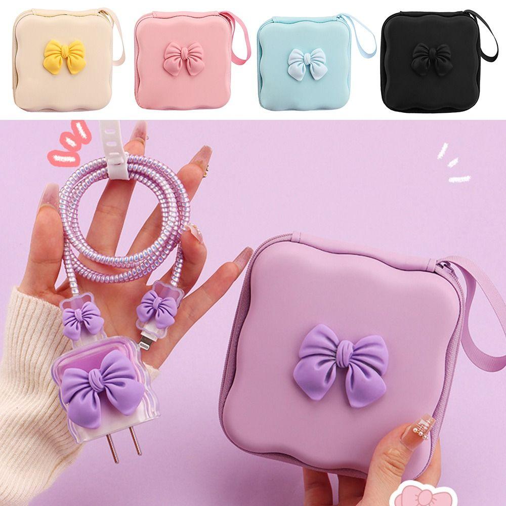 Cute Bow Knot Cable Protector Bag Portable PU Storage Bag Charger Protector Mini Bag Travel