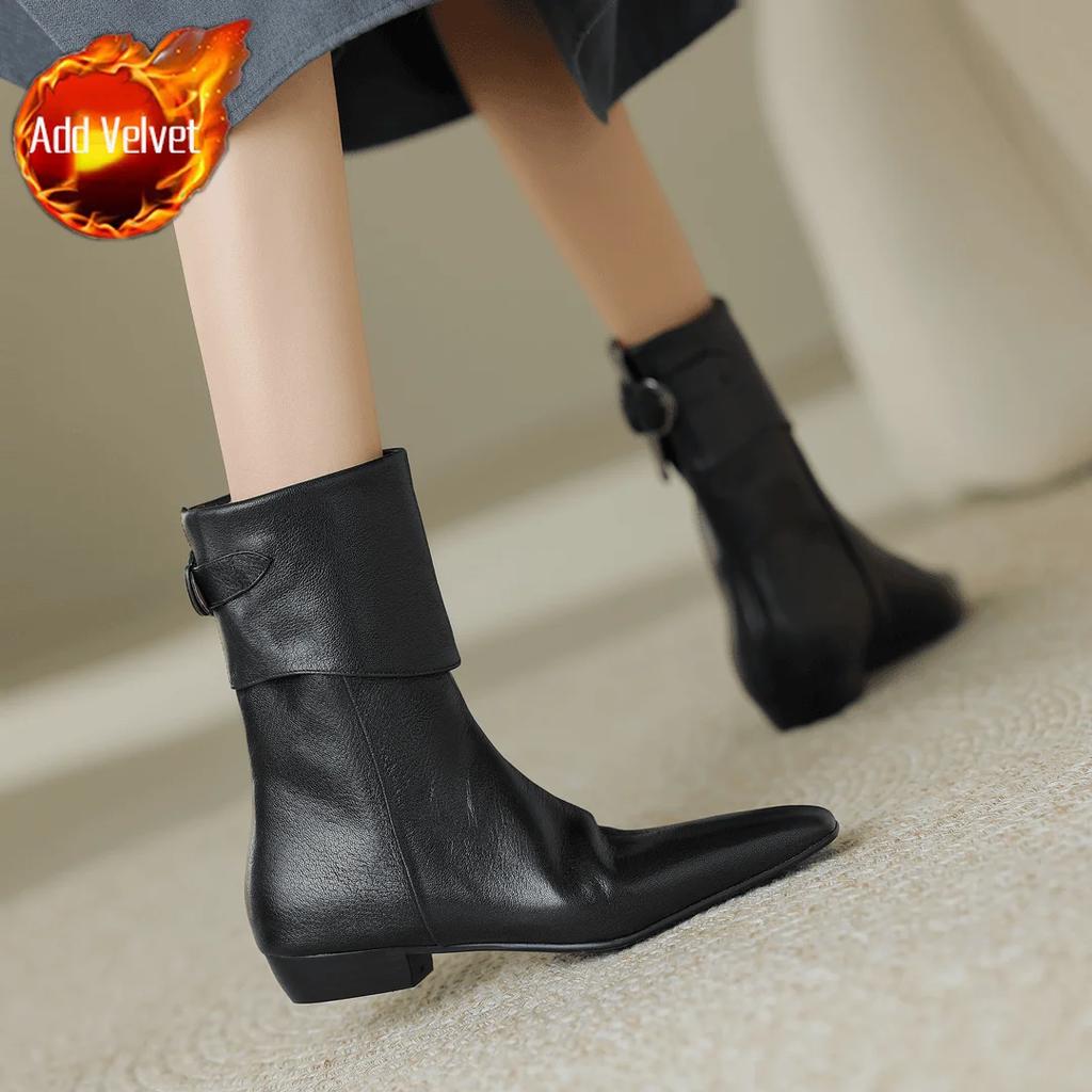 Fashion Black Square Toe Elegant with Low Heels Ladies Mid Calf Shoes Trend 2025 Pu Chic Cosplay Comfortable New Women's Half High Boots