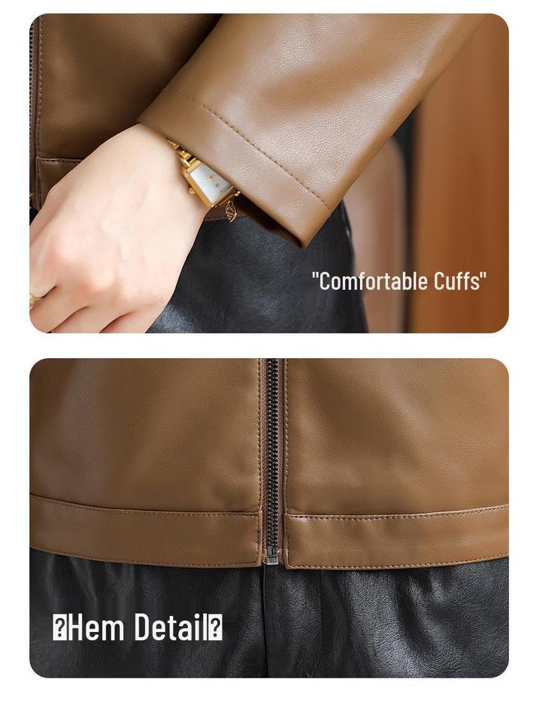 Stylish Women's PU Leather Stand-Collar Jacket, 2025 Plus Size Slimming Biker Style for Spring/Autumn.