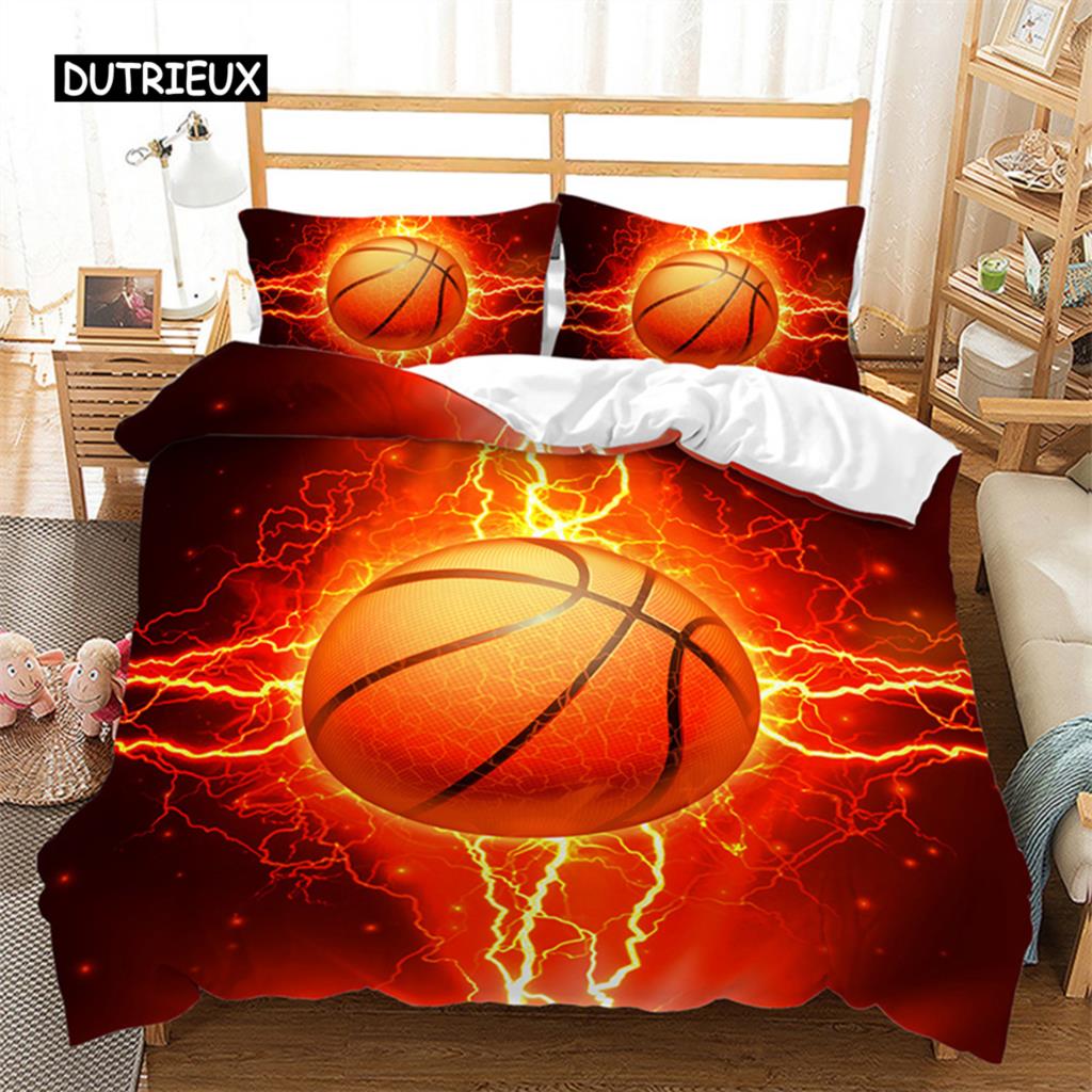 Boys Basketball Duvet Cover 3D Ball Pattern Sports Theme Bedding Set Queen Microfiber Football Competitive Game Comforter Cover