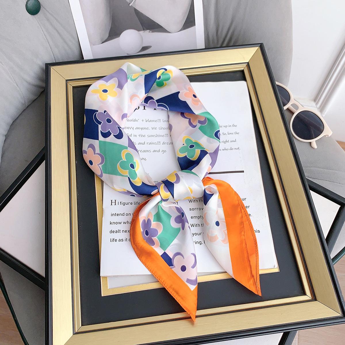 

Spring and summer simulated silk small square scarf female Hyunya style flower scarf new versatile sunscreen decorative scarf 70*70cm