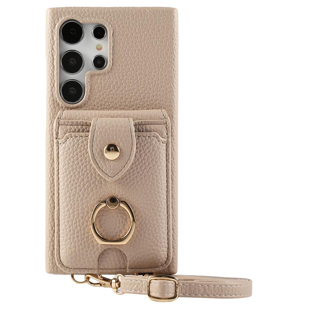 For Samsung Galaxy S24 Ultra Case with Card Holder,Shoulder Strap PC+TPU Ring Kickstand Phone Back Cover