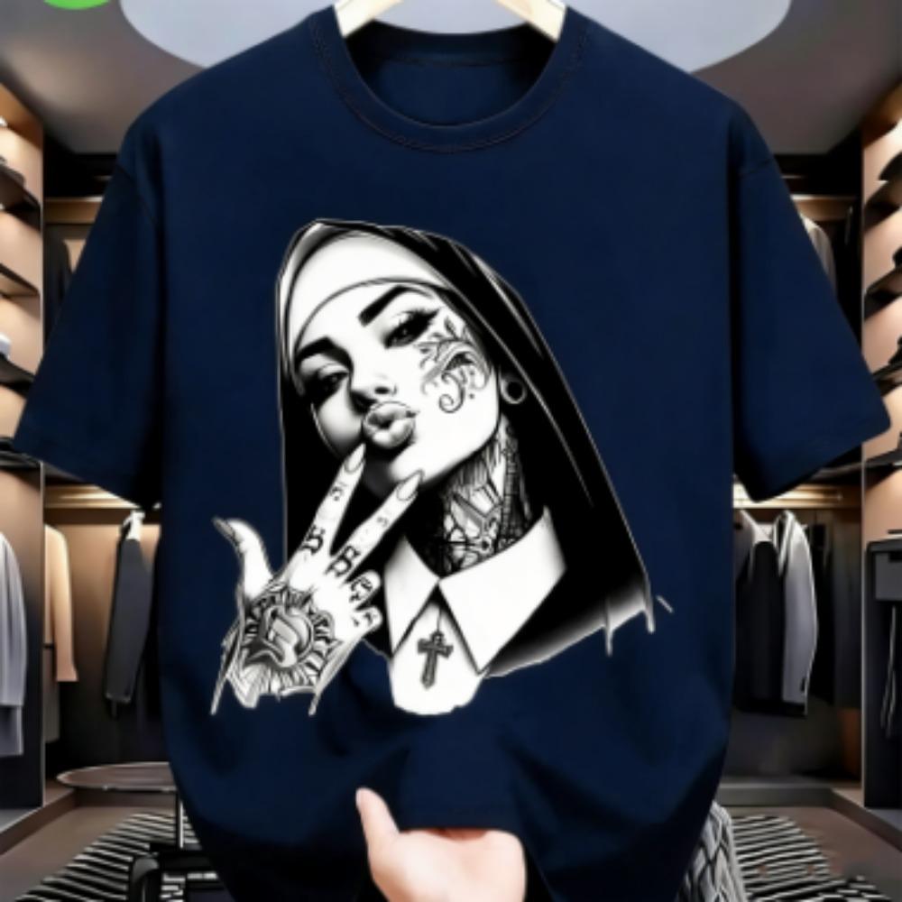 Tattooed Nun Graphic Print Men's T-shirt Summer Fashion Casual Loose Short Sleeves Men's and Women's Tees Top