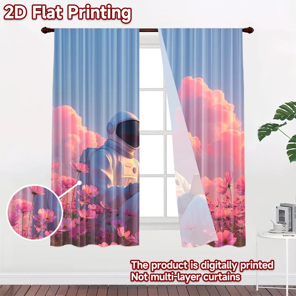 2D flat printing 2pcs Window Curtains Astronaut Reading Pink Flowers Moon Digital Printed Polyester Drapes Family Party