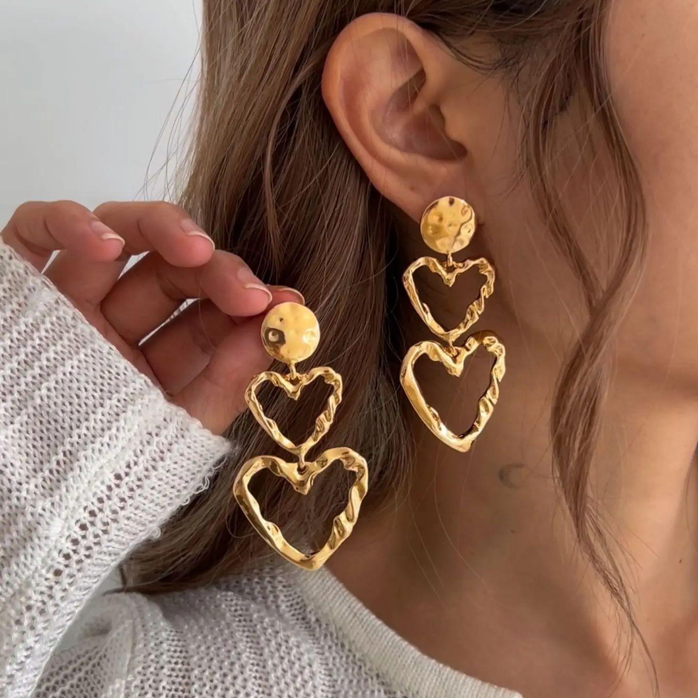 

DIEZI Punk Fashion Heart Tassel Stud Earrings For Women Girls Gift Party Vintage Gold Silver Color Earrings Jewelry Accessories