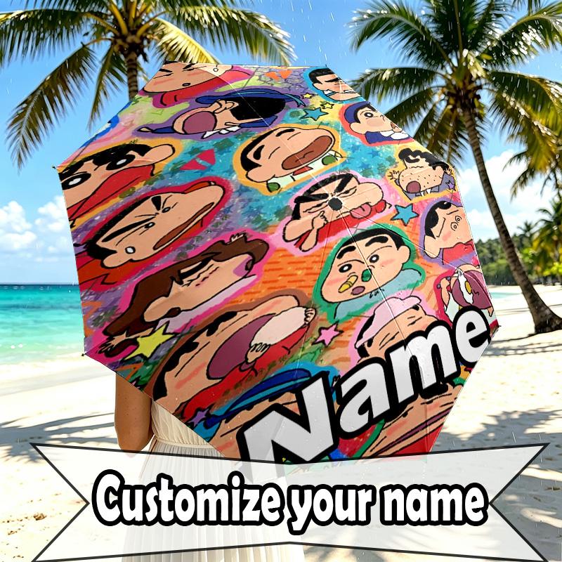 Custom Name Personalized Crayon Shin Print Umbrella, Auto Open Close, 8‑Rib Sturdy Frame, Commute Camping Hiking Use, Birthday Gift