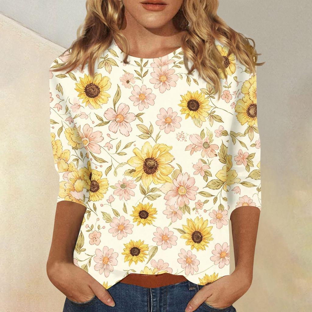 Women Casual Floral Print Three Quarter Sleeve Round Neck Blouse Lightweight Soft Fabric Comfortable Fit Top for Everyday Wear