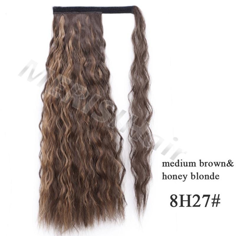 Corn Wavy Long Ponytail Synthetic Hairpiece Wrap On Clip Hair Extensions Ombre Ponytail