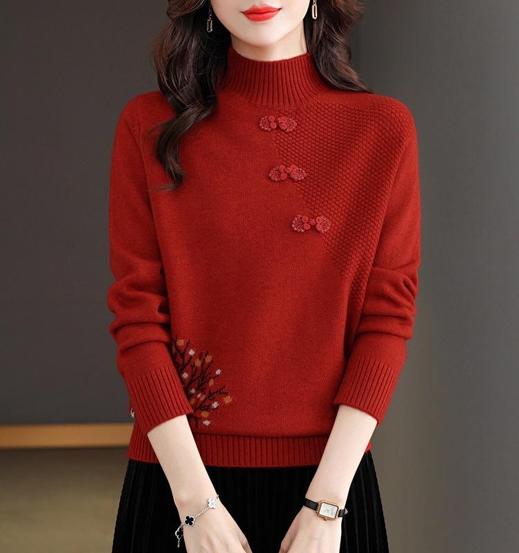 Damen Strickoberteil im chinesischen Stil mit halbem Stehkragen, einfarbiger Pullover, Pullover mit halbem Stehkragen für Damen