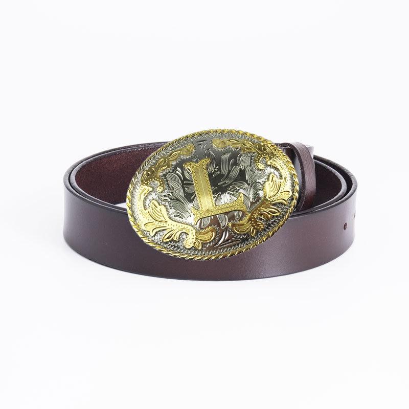 Whole Cowhide Retro Men's Belt Letter L Gold and Silver Two-color Oval Buckle Belt Men