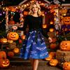 Women Crew Neck Halloween Print Dress Long Sleeve Casual Style and Patterned Midi Dress with Ribbon Waist Tie