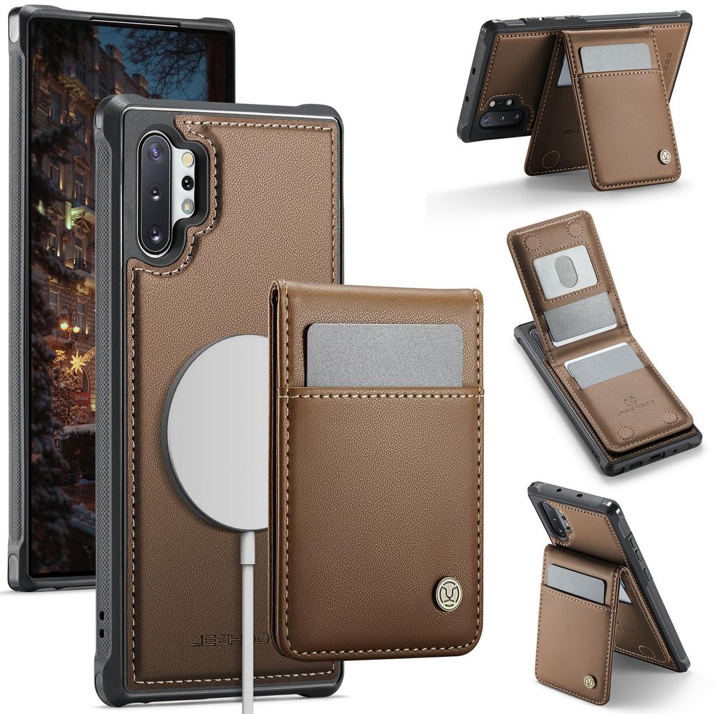 For Samsung Galaxy Note 10 Plus 5G Leather Back Cover Compatible with MagSafe JEEHOOD J06 Phone Case with Card Bag RFID Blocking