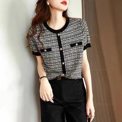 Eis-Seide Strickbluse, Kleiner Duft, Kurzarm-T-Shirt, Damen Sommer Dünn Rundhals, Modisches Temperament, Lockeres gestreiftes Hemd