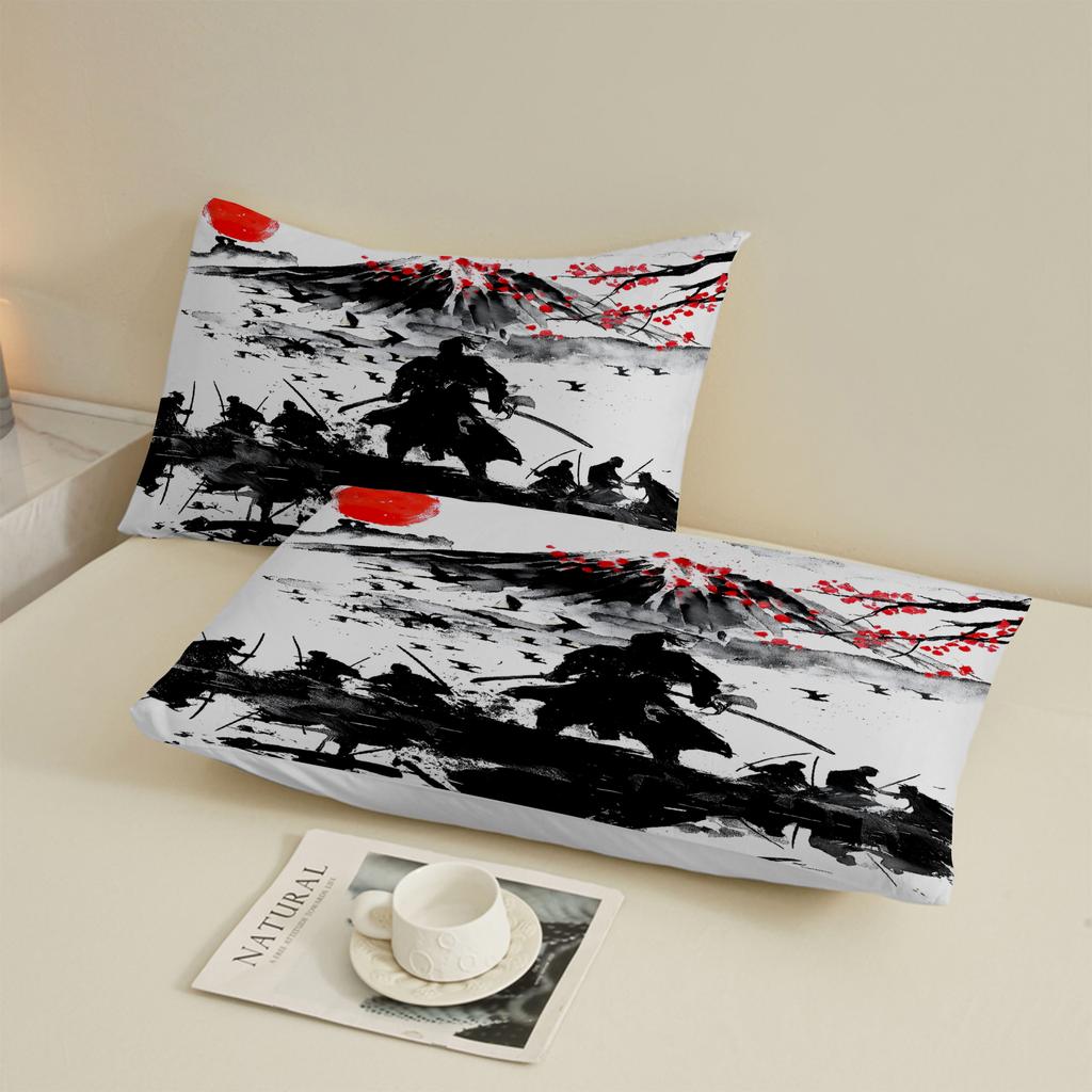 Japanese Samurai Print Fitted Sheet Set 100% Polyester Microfiber Mattress Covers Breathable Bedding Set With 2 Pillowcases