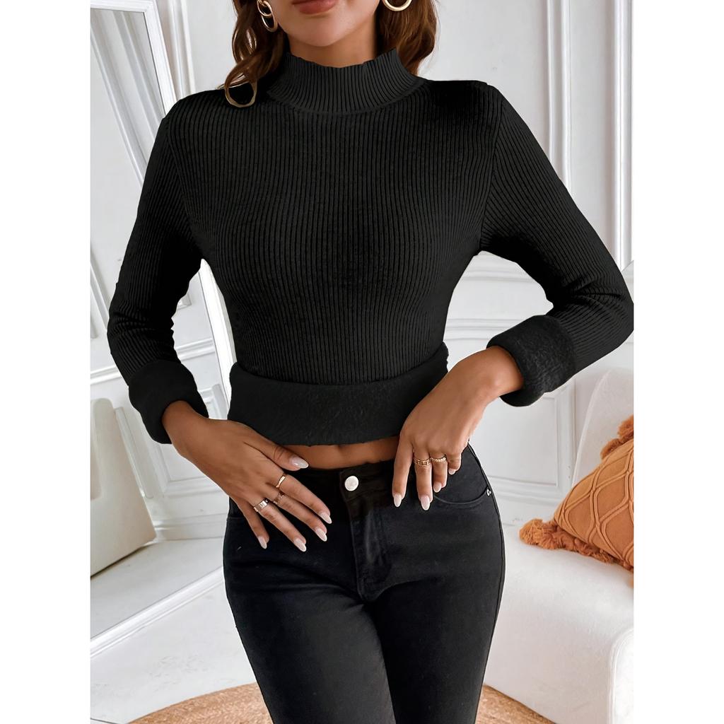 Solid Color Mock Neck Fleece Sweater, Elegant Long Sleeve Thermal Pullover Sweater, Women's Clothing