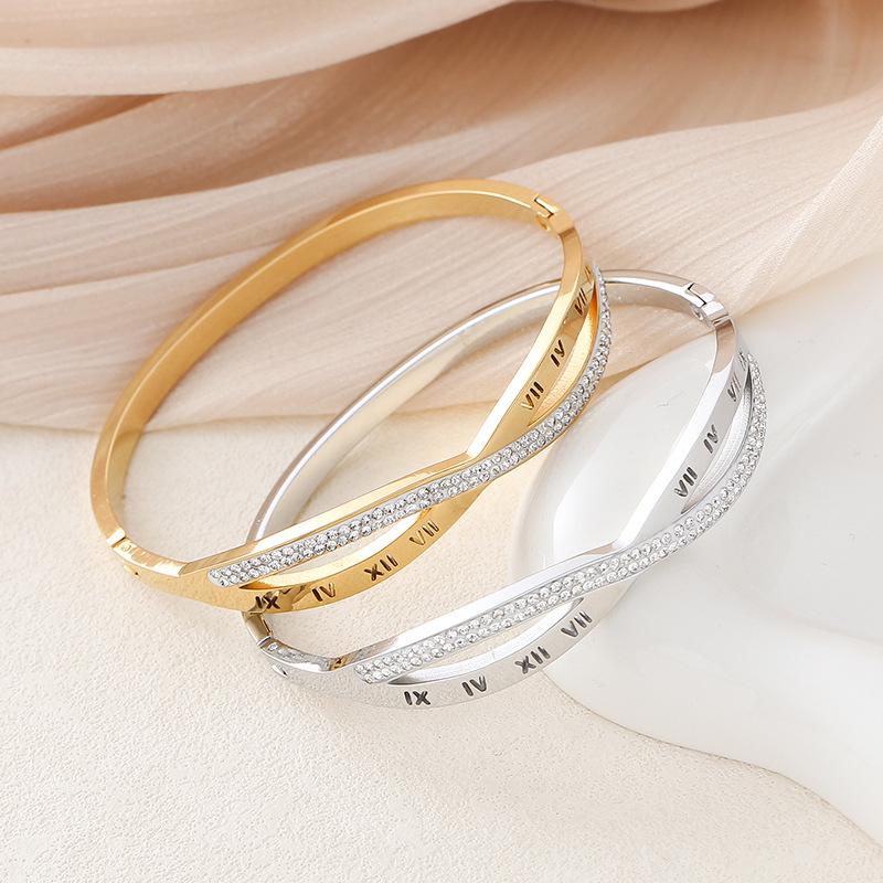 European-American Roman Numeral Rhinestone Stainless Steel Bracelet for Women