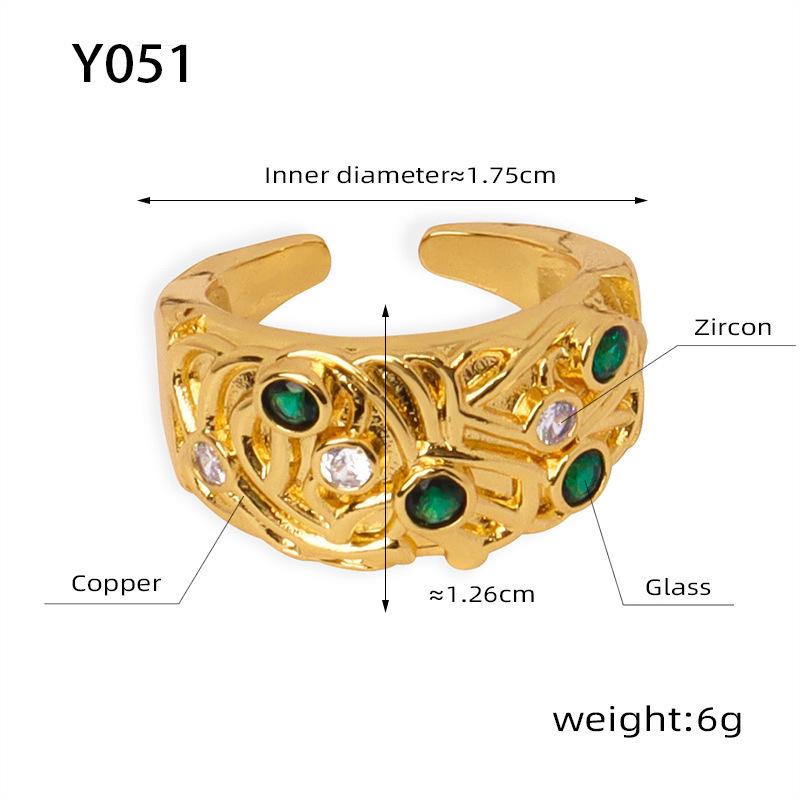 18k Gold-Plated Copper Ring with Colored Cubic Zirconia, Irregular Engraved Pattern, European & American Retro Fashion Jewelry for Women.