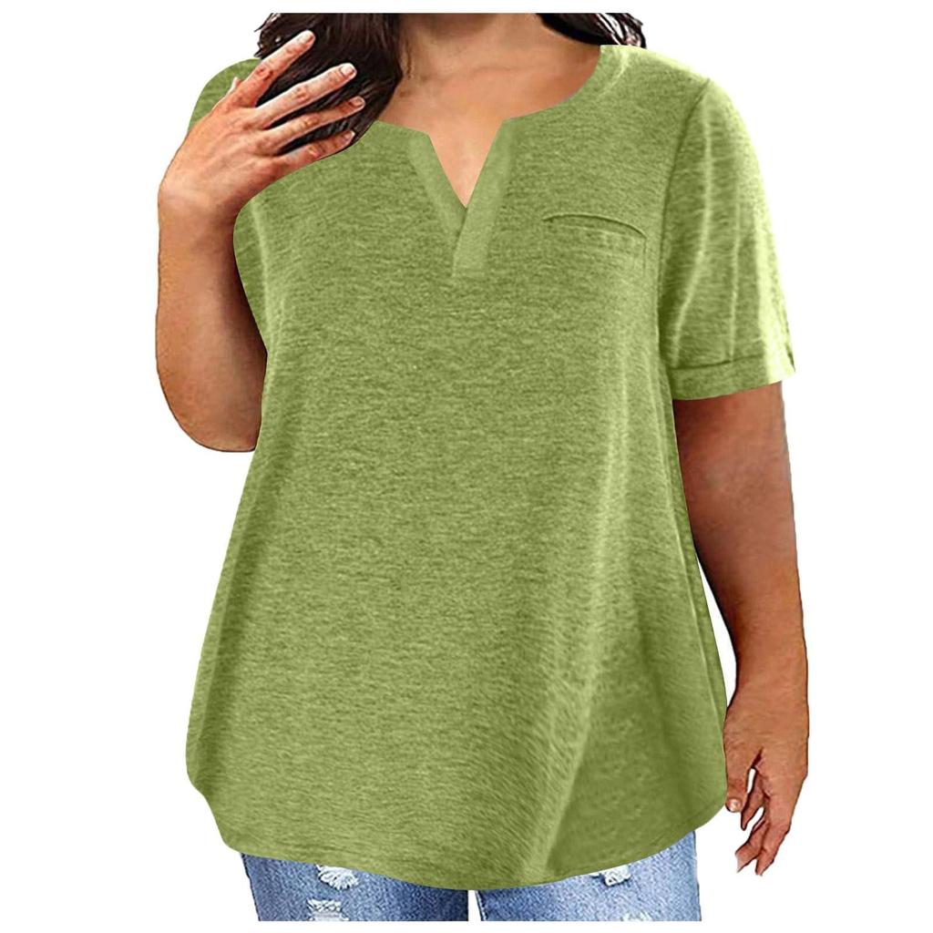 Women Casual Solid Color V Neck Short Sleeve Pocket Top Large Size T Shirt
