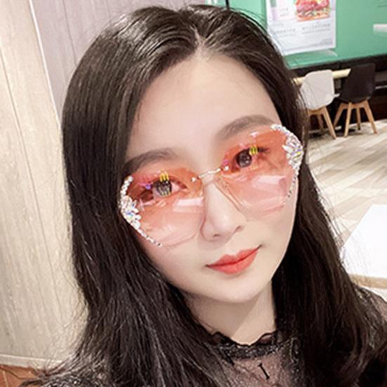 Women Sunglasses Rimless Lightweight High Clarity Wide Cool Sun-resistant Windproof UV Protection Shiny Rhinestone Female Sunglasses for Outdoor
