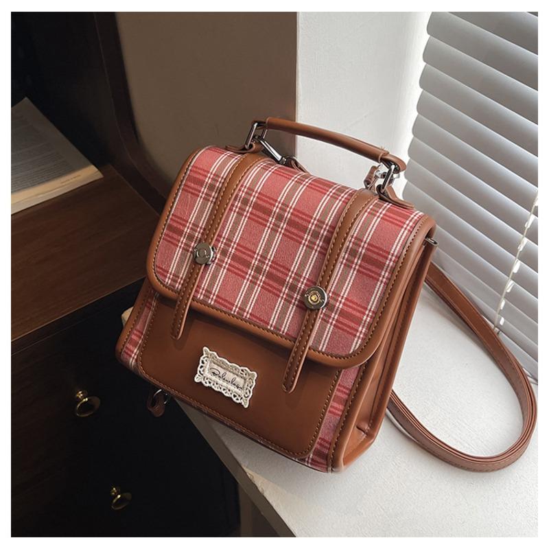 Retro contrasting backpack women's new college style plaid single shoulder messenger bag versatile small backpack