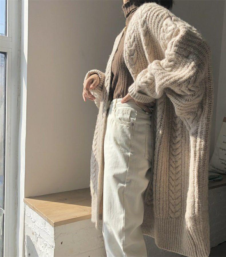 Femei coreeană ocazional pulover lung Cardigan Ooffice Lady moale confortabil solid vrac mâneci lungi cu mâneci liliac tricotate paltoane