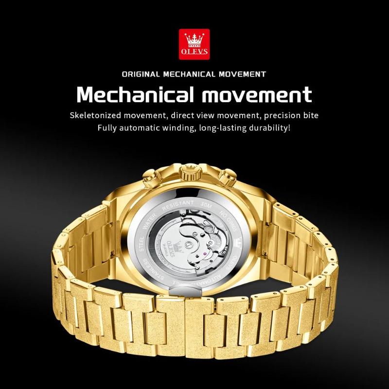 OLEVS Ay Evresi Krono Lüks Saat Elmas Otomatik Erkek Saatleri Zımparalanmış Çelik Kordon İskelet Volan Mekanik Kol Saati