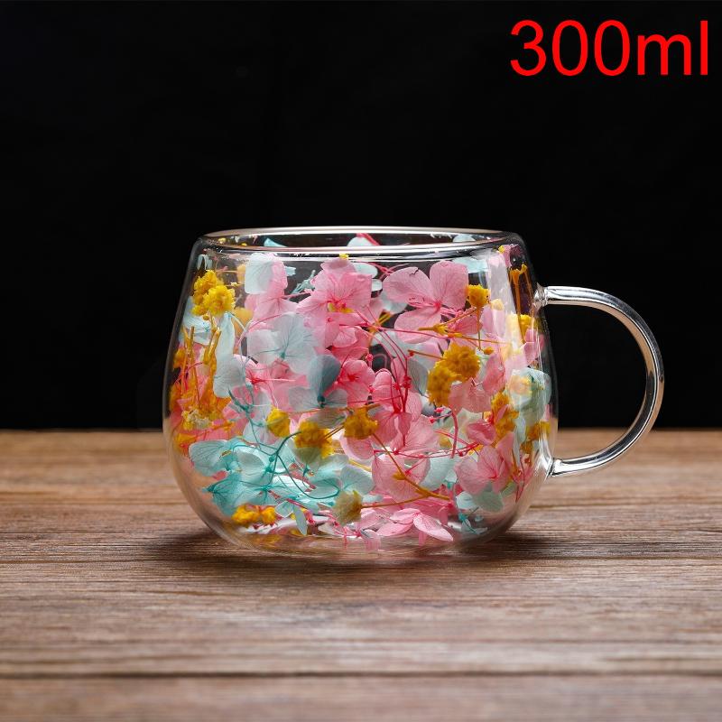 1Pcs Dried Flower Decorative Milk Tea Cup 150/300Ml Double-Layer Dried Flower Glass Cup High Temperature Resistant Coffee Cup
