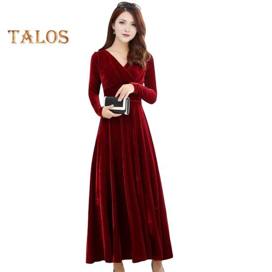 

Бархатное макси-платье для женщин с V-образным вырезом, длинное платье до щиколотки, однотонное вечернее платье А-силуэта для свадебной коктейльной вечеринки L вино красного