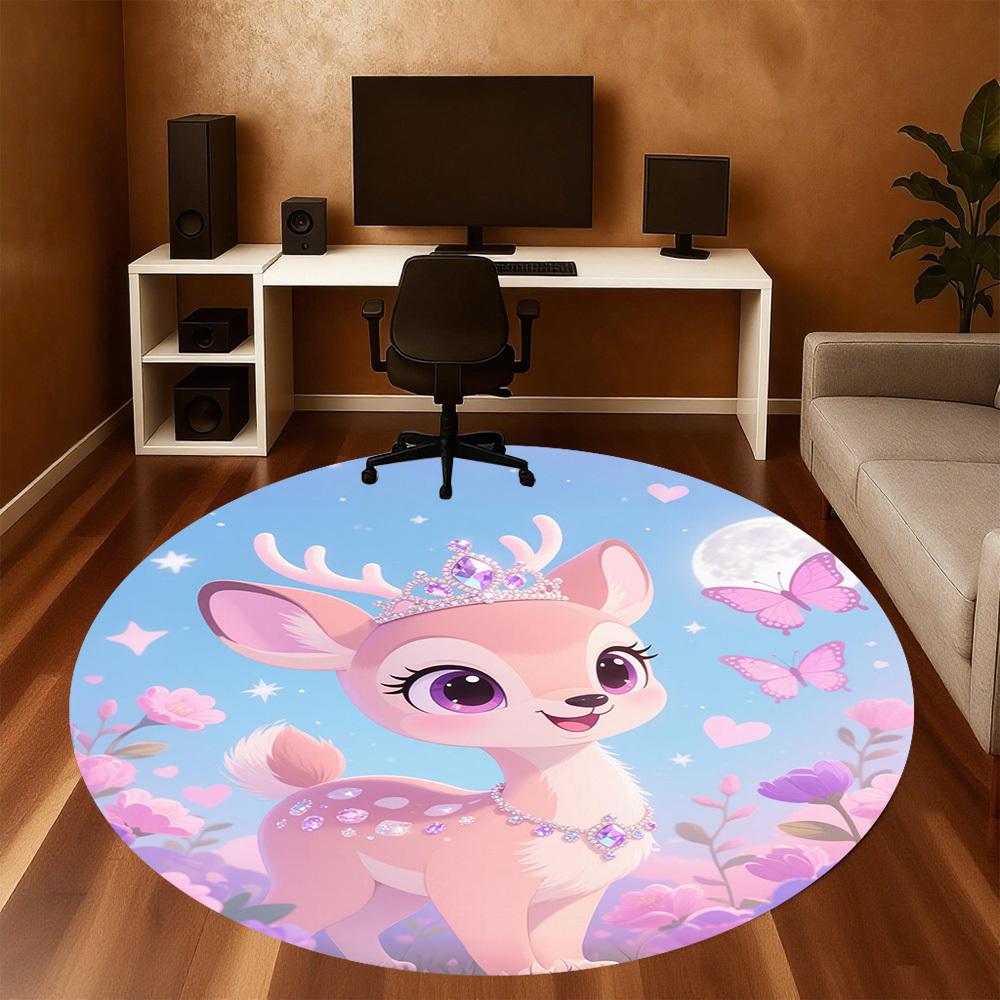 1PC Deer Princess Flowers Round Chair mat Area Rug - Non-Slip, Floor Mat for Office, Bedroom, home decor Christmas Gift c0528003