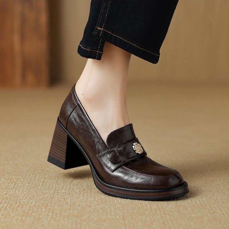 British high-heeled camellia small leather shoes spring thick heel round head platform single shoes loafers