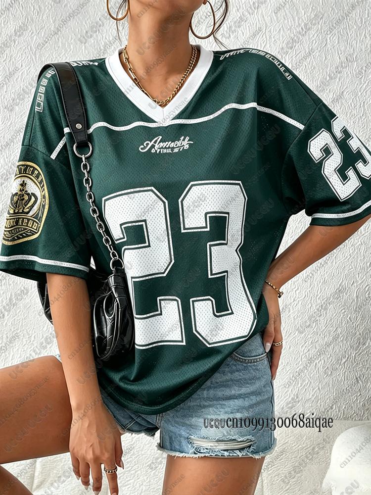 2026 Sommer Neues Retro Nr. 23 Bedrucktes T-Shirt Für Damen V-Ausschnitt Kurzarm Sport Fußballtrikot Y2K Locker Übergröße Oberteile 3XL black
