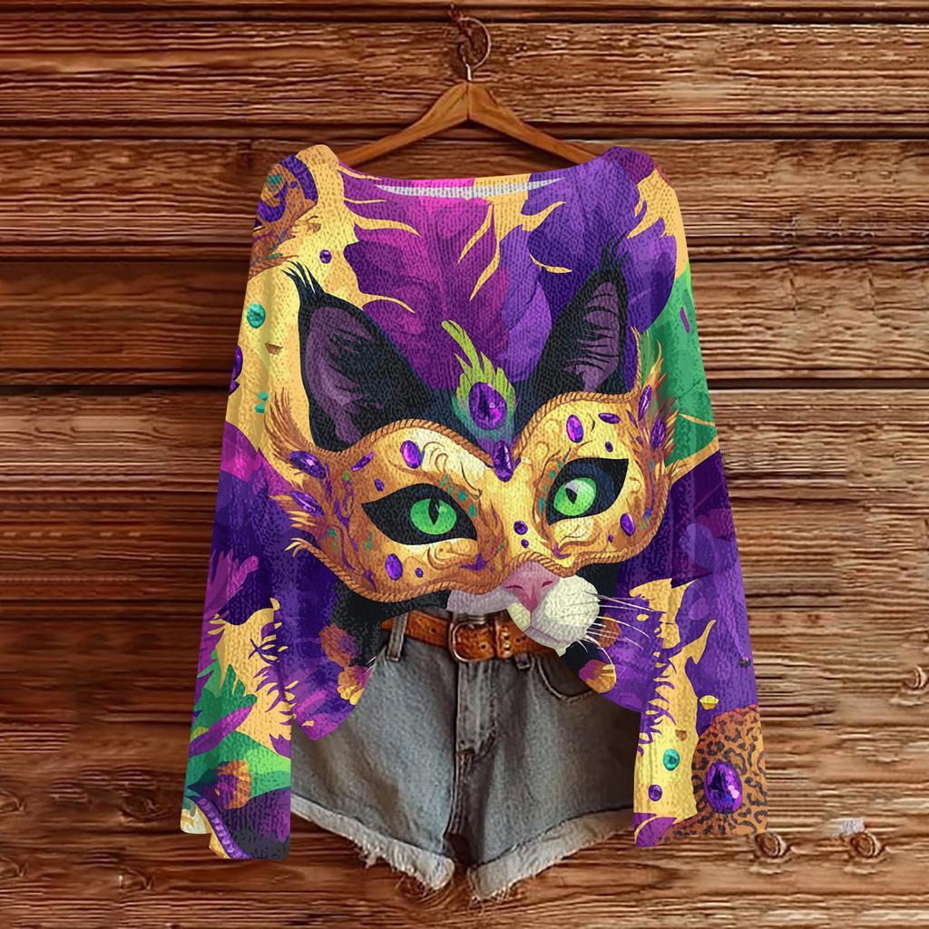 Damen Casual Mode Rundhals Oberteil Karneval Print Langarm Strickpullover