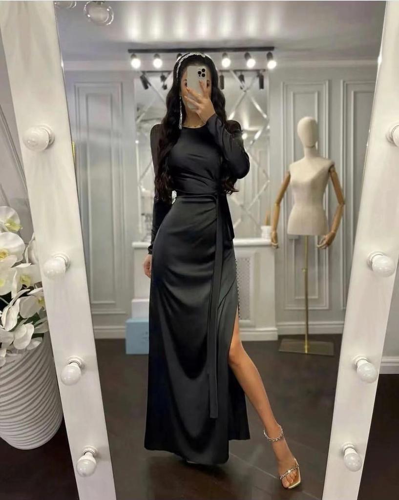 Elegant Spring/Summer Long Sleeve Waist-Tied Dress with Slit
