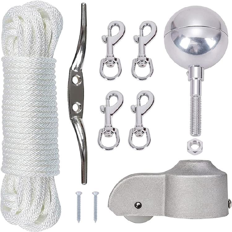 Komplettes Fahnenmast-Upgrade-Set 3 Zoll Goldene Kugel 2 Zoll Aluminium-Mastkopf mit Nylonrolle für müheloses Fahnenhissen