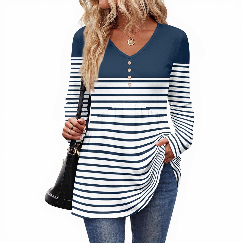 Women's Casual Fashion V-Neck Button Striped Long Sleeve Top