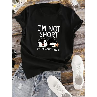 Womens Funny Penguin Print T Shirt Im Not Short Im Penguin Size Slogan Cute Graphic Crew Neck Short Sleeve Lightweight Breathable Casual